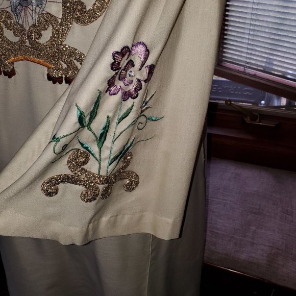 Boho VTG Metallic Embroidered Slub Silk Kaftan Maxi Dress Beige Gold Multi Sz S - Picture 8 of 9